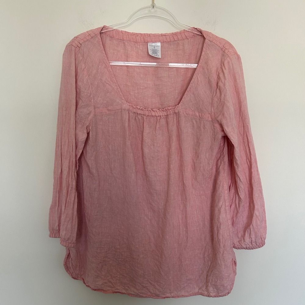 Lands' End Blouse Pink Small 6-8 100% Linen Square Neck Ruffle 3/4 Sleeve Top